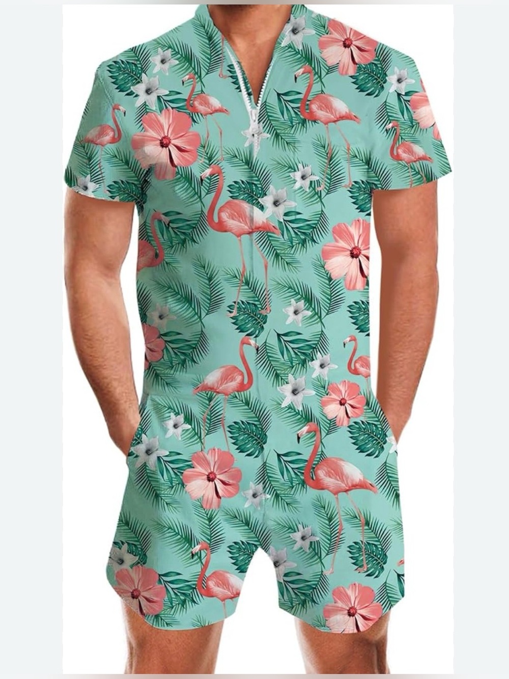 Unbranded flamingo print short sleeve zipper romper size XL